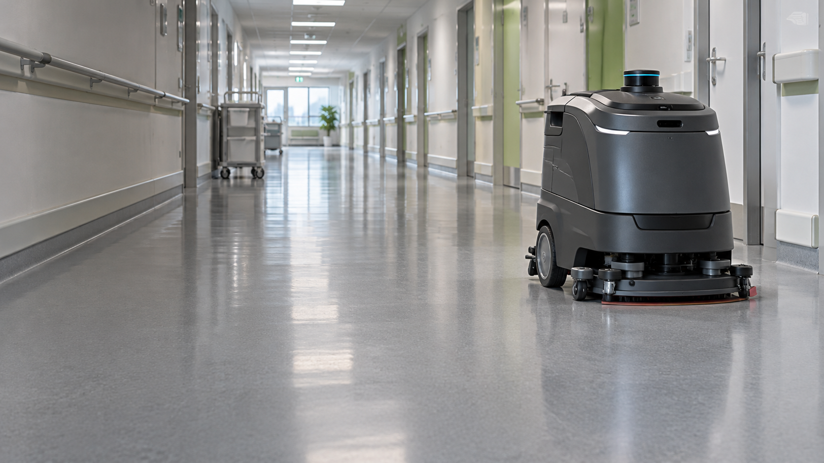 Markenloser autonomer Reinigungsroboter in einem Spitalflur