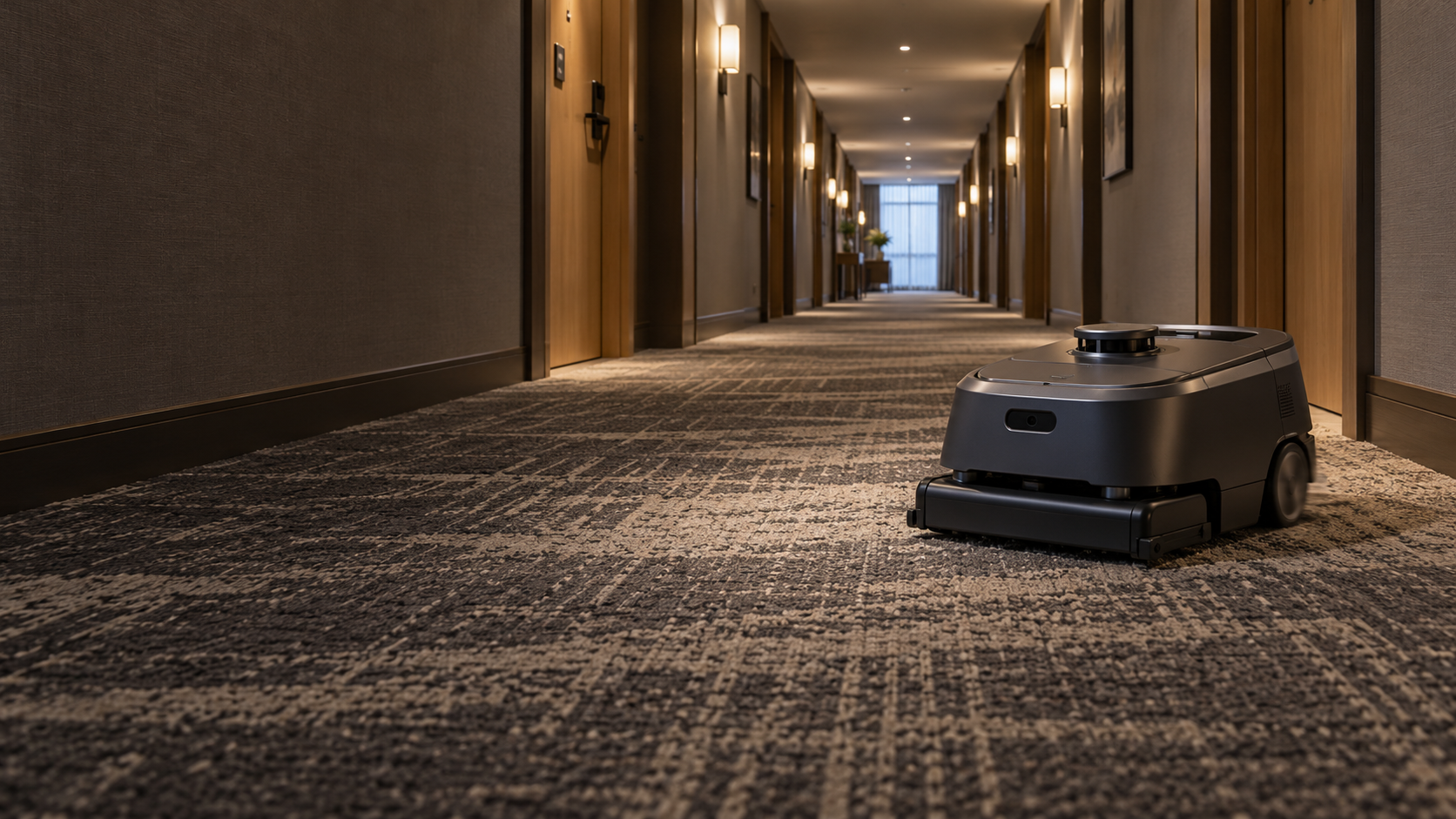 Markenloser autonomer Saugroboter auf Teppichboden in einem Hotelflur
