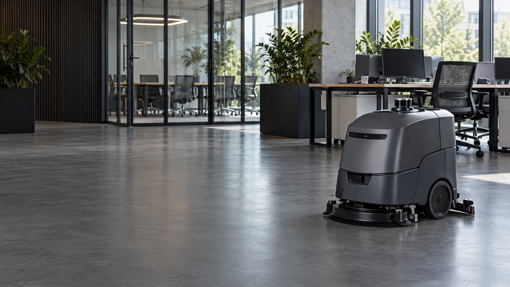 Markenloser autonomer Reinigungsroboter in einem modernen Büro
