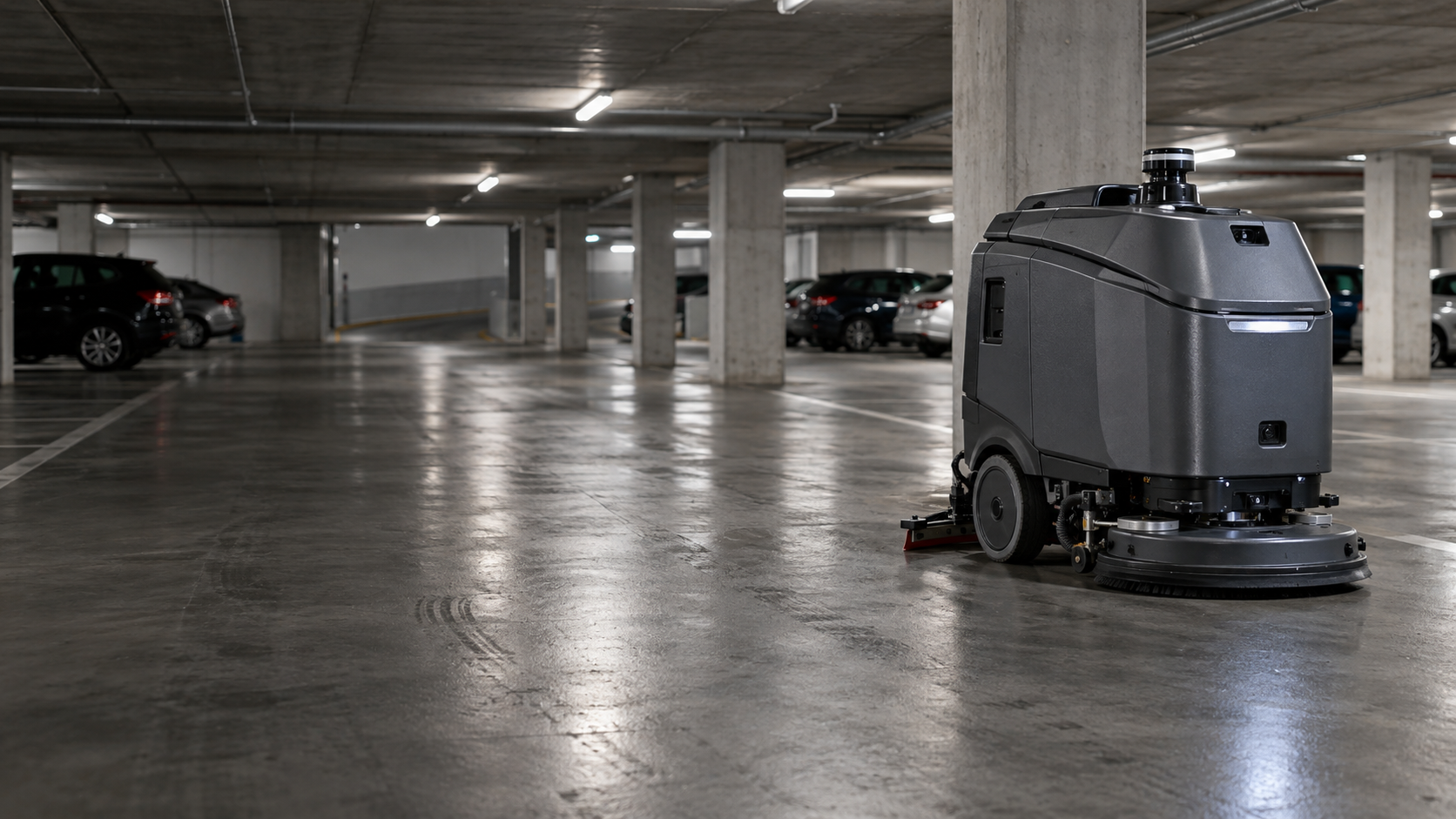 Markenloser autonomer Reinigungsroboter in einer Parkgarage