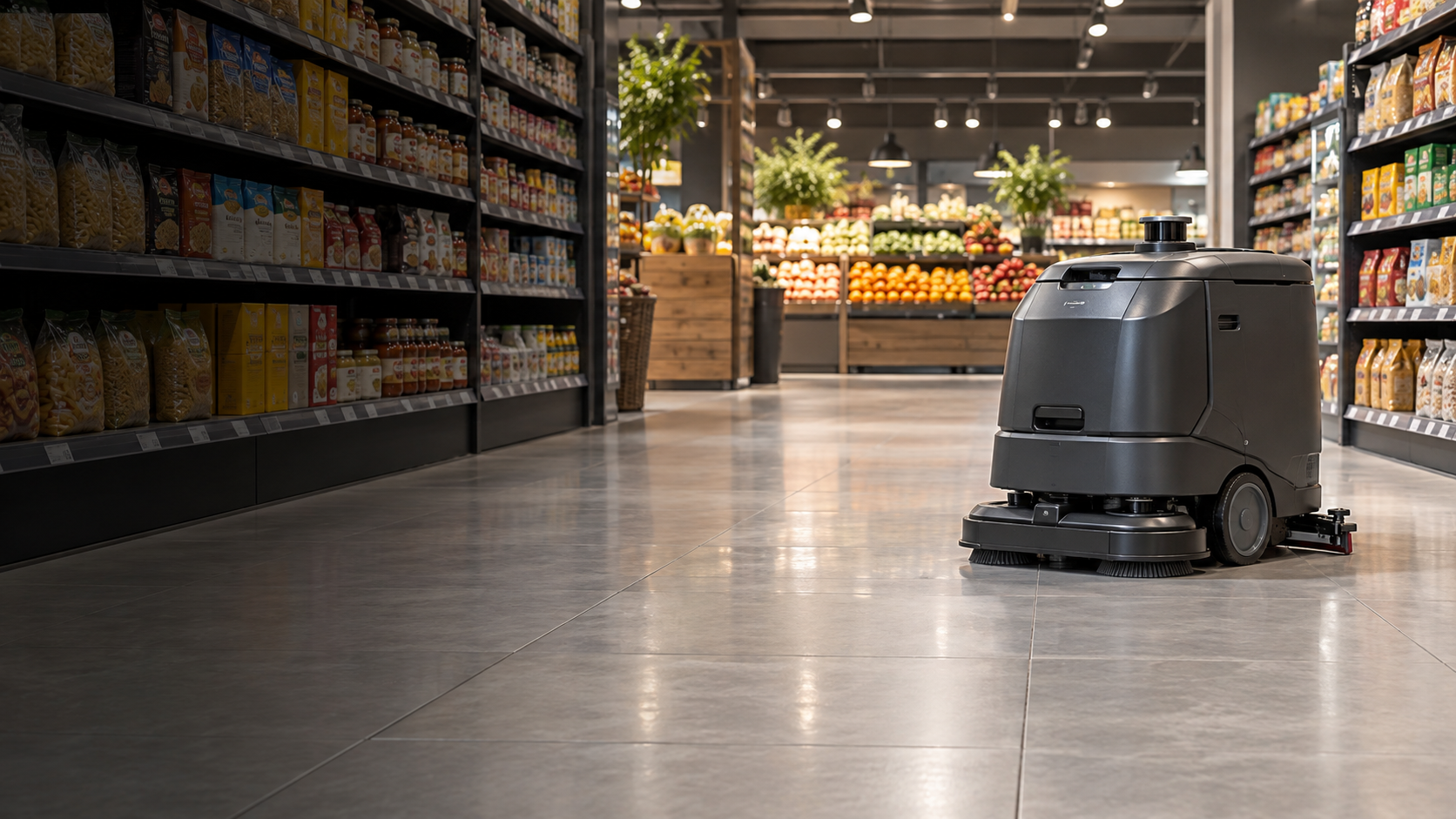 Markenloser autonomer Reinigungsroboter in einem Supermarkt